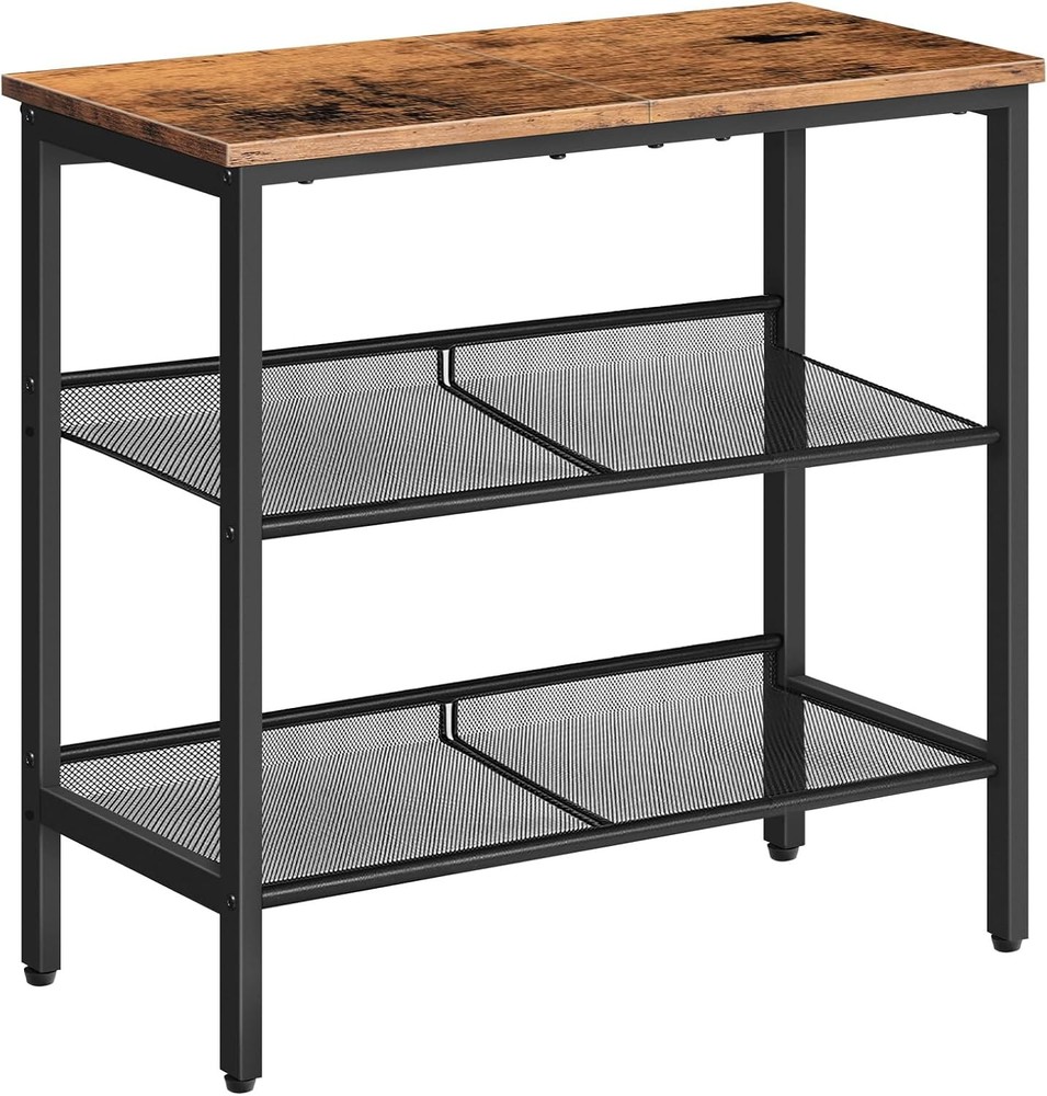 Black Side Table 3-Tier Metal Side Table Small Black Table W/ 2 Flat/Slant