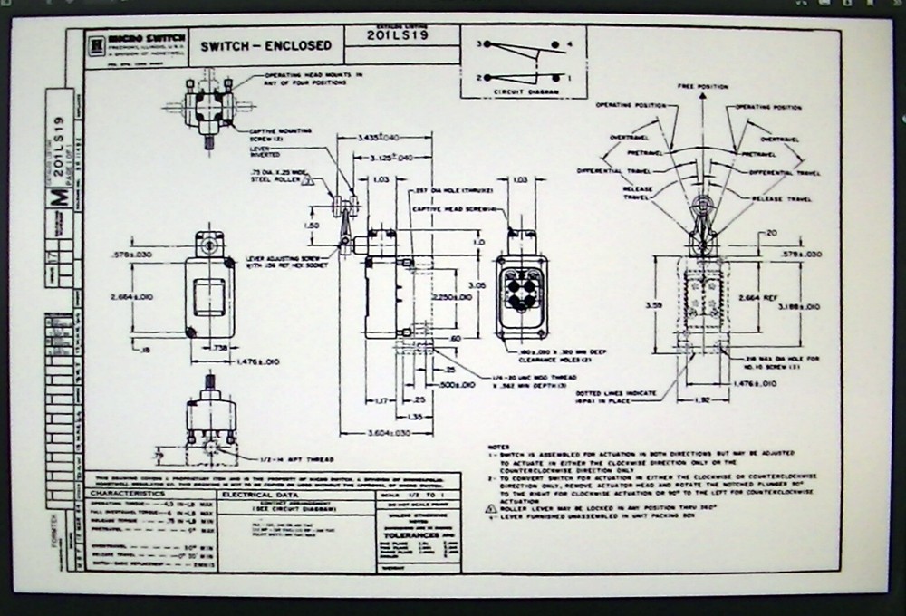 MICRO SWITCH limit switch side rotary w/roller lever 201LS19 plug in model
