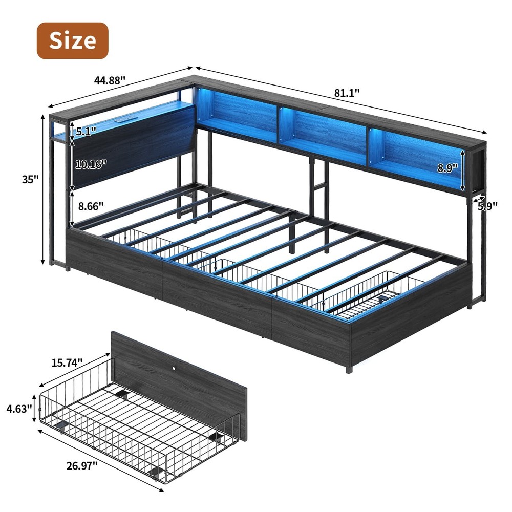 Corner Twin Bed Frame with 3 Storage Drawers, Bed Frame with LED & Charging