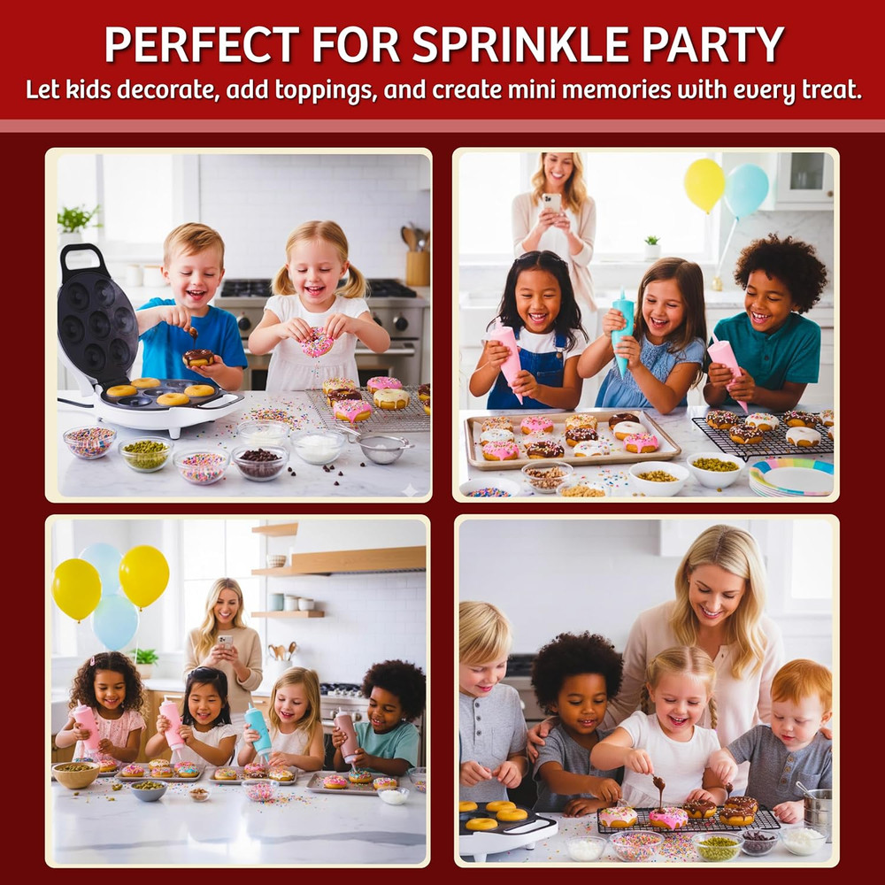 Mini Donut Maker, Durable, Nonstick Easy to Use Mini Baking Machine - Cooks 7 Mi