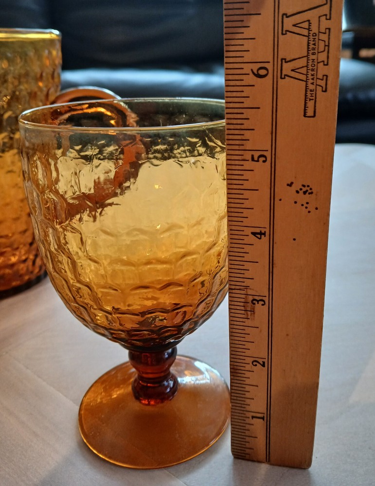 VTG lass Ware Applied Handle Pitcher 2 Goblets Honey Gold w/ Honey Comb Pattern