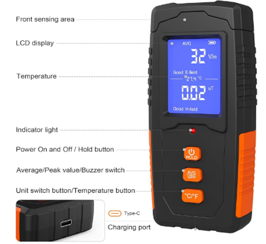 EMF Meter Rechargeable Electromagnetic Field Radiation Detector LCD EMF Reader