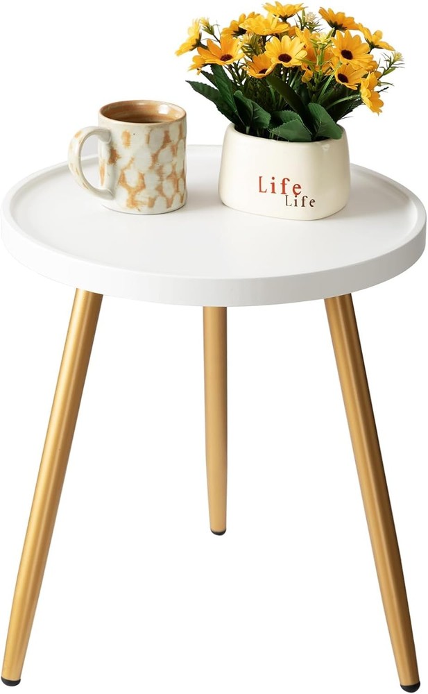Small Round Side Table, Mini White Table with Wooden Tray &