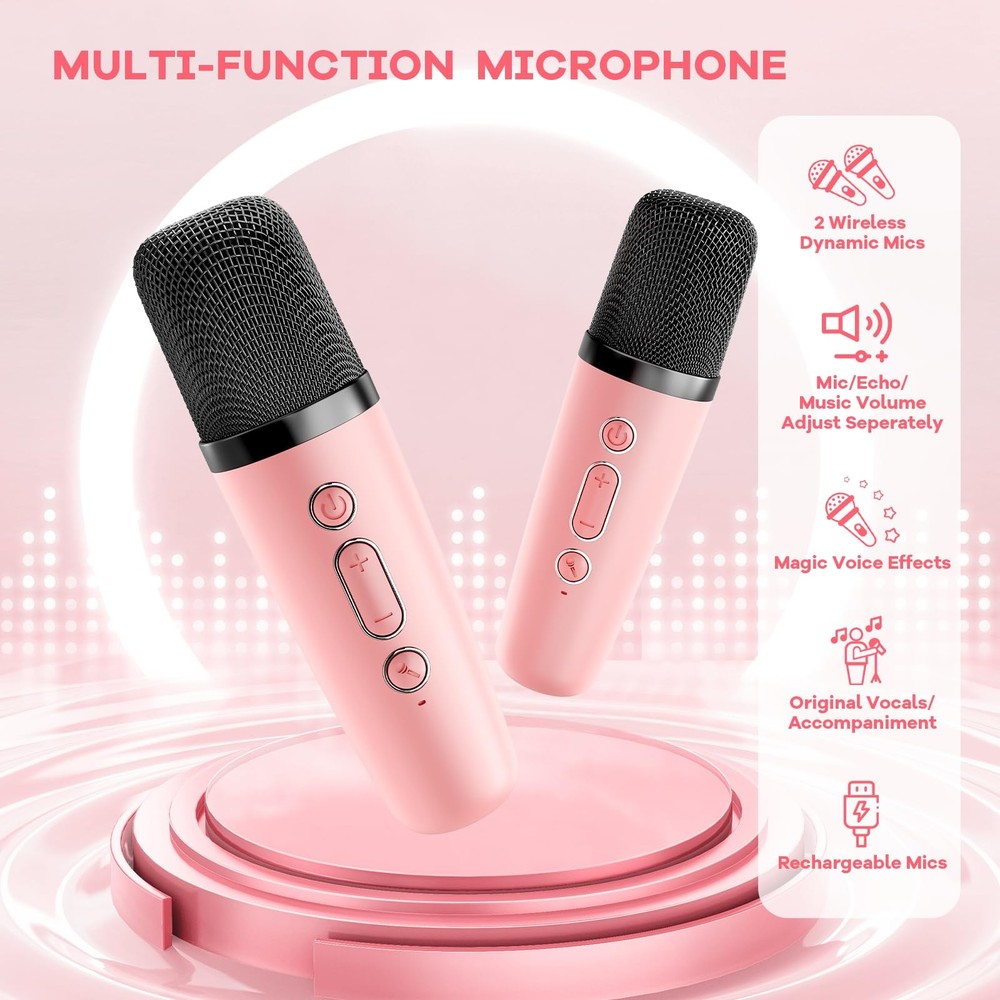 Mini Karaoke Machine for Kids Adults, Bluetooth Speaker with 2 Wireless Micropho