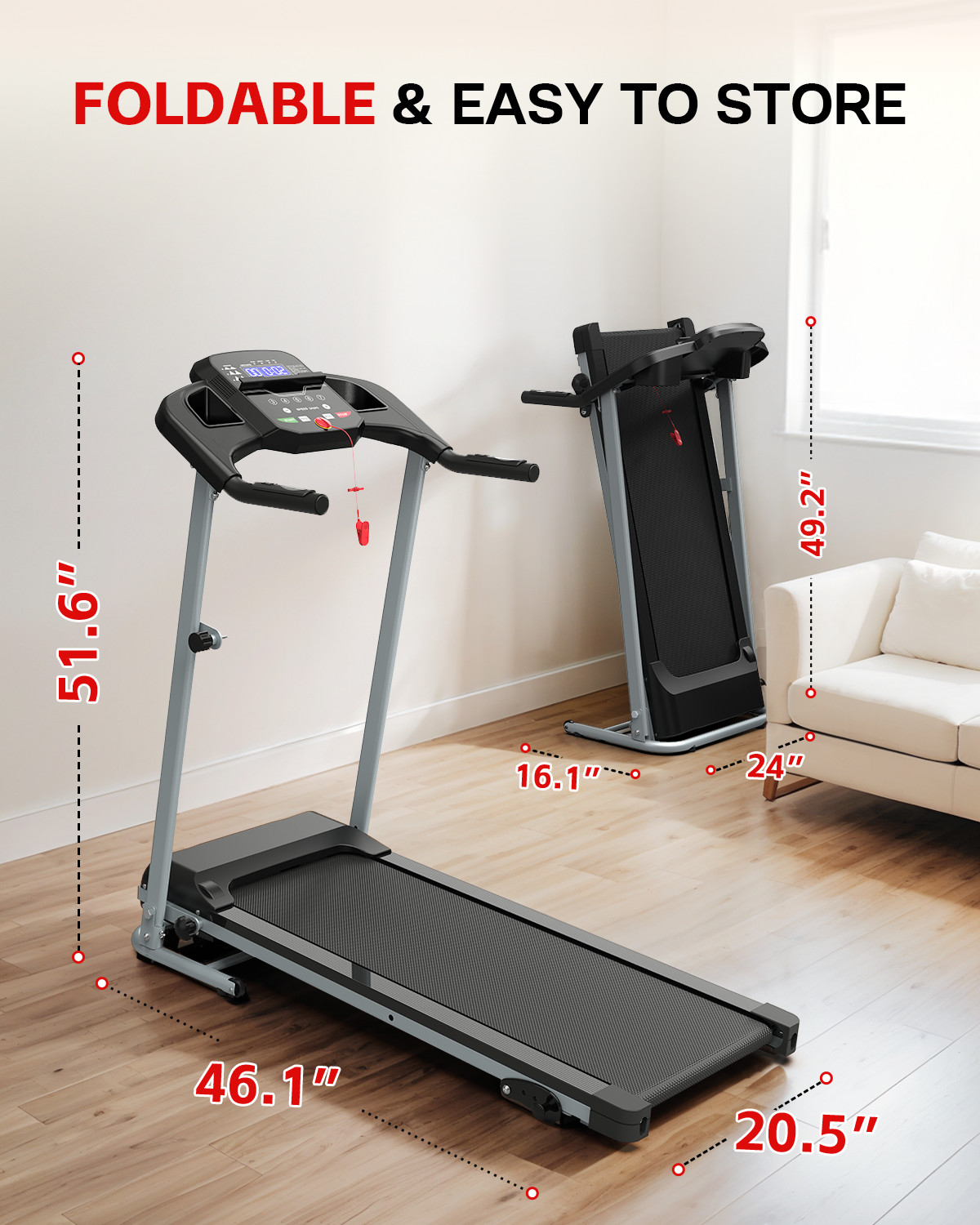 Foldable Treadmills for Home with Incline, 2.5 HP, 265lb,7.5 MPH,Running Machine