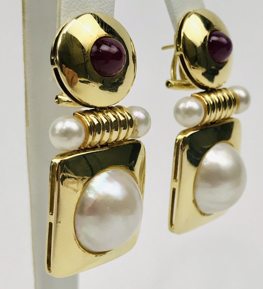 Art Deco 18k Solid Yellow Gold Mabe Pearl & Ruby Drop Dangle Omega Back Earrings