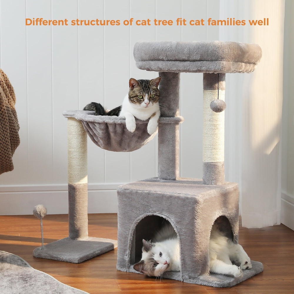 29.5" Cat Tree Tower w Hammock Top Perch & Sisal Scratching Posts Gray