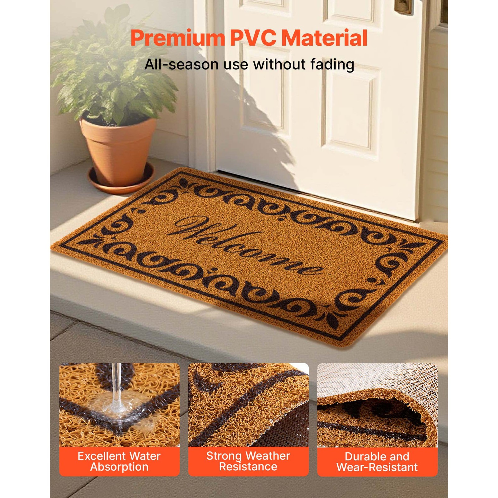 Uimoso Faux Coir Welcome Mat with Non-Slip Backing for Outdoor Entryways