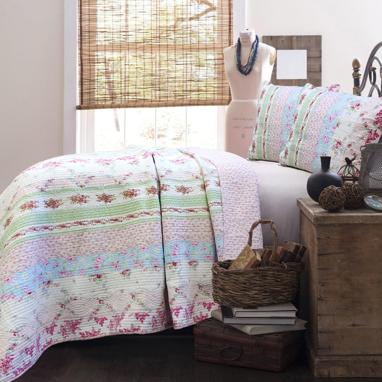 COZY COTTAGE WILD ROSE 3pc Queen QUILT SET : COTTON VINTAGE PINK GREEN BLUE