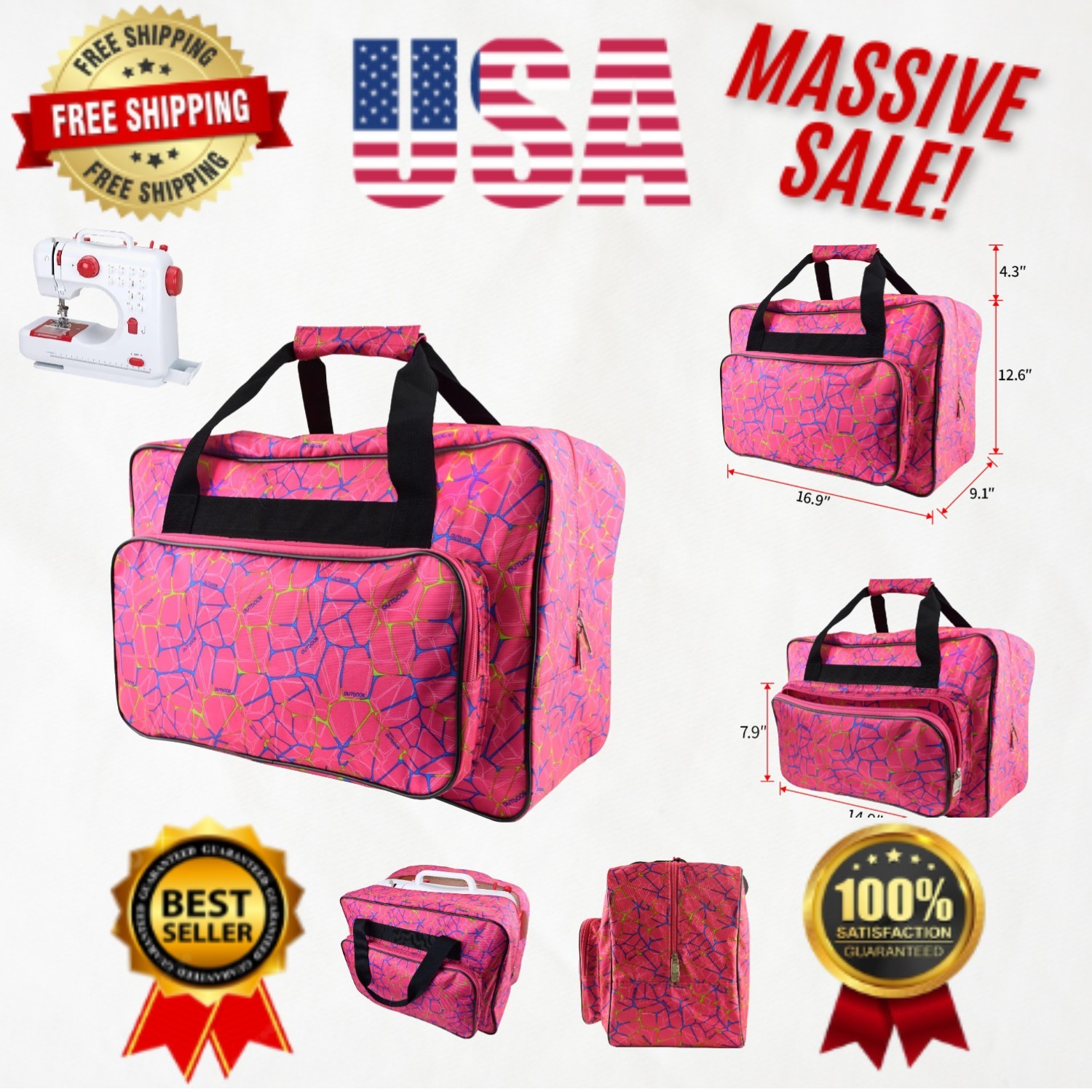 Portable Pink Sewing Machine Carrying Case with Front Pocket for Accessories