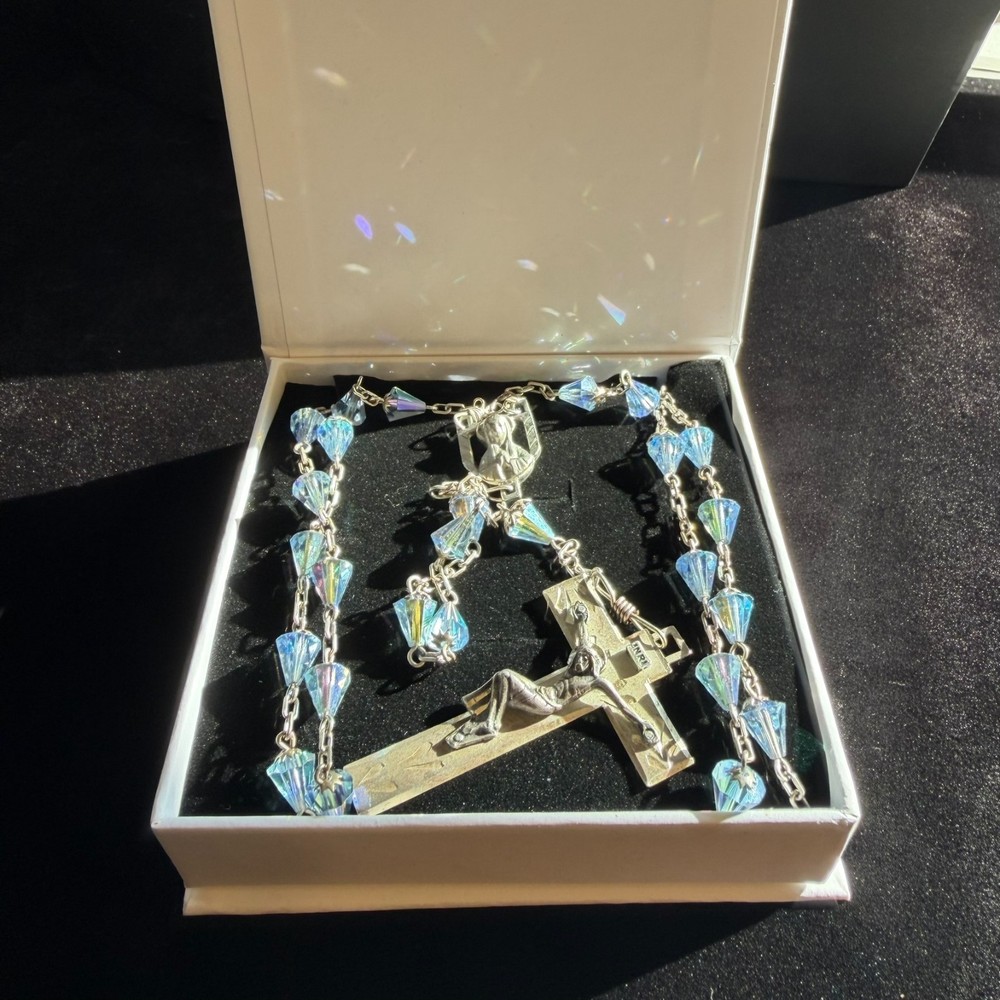 Hallmarked D†C  925 Sterling Silver Blue Aurora Borealis Crystal Rosary ITALY