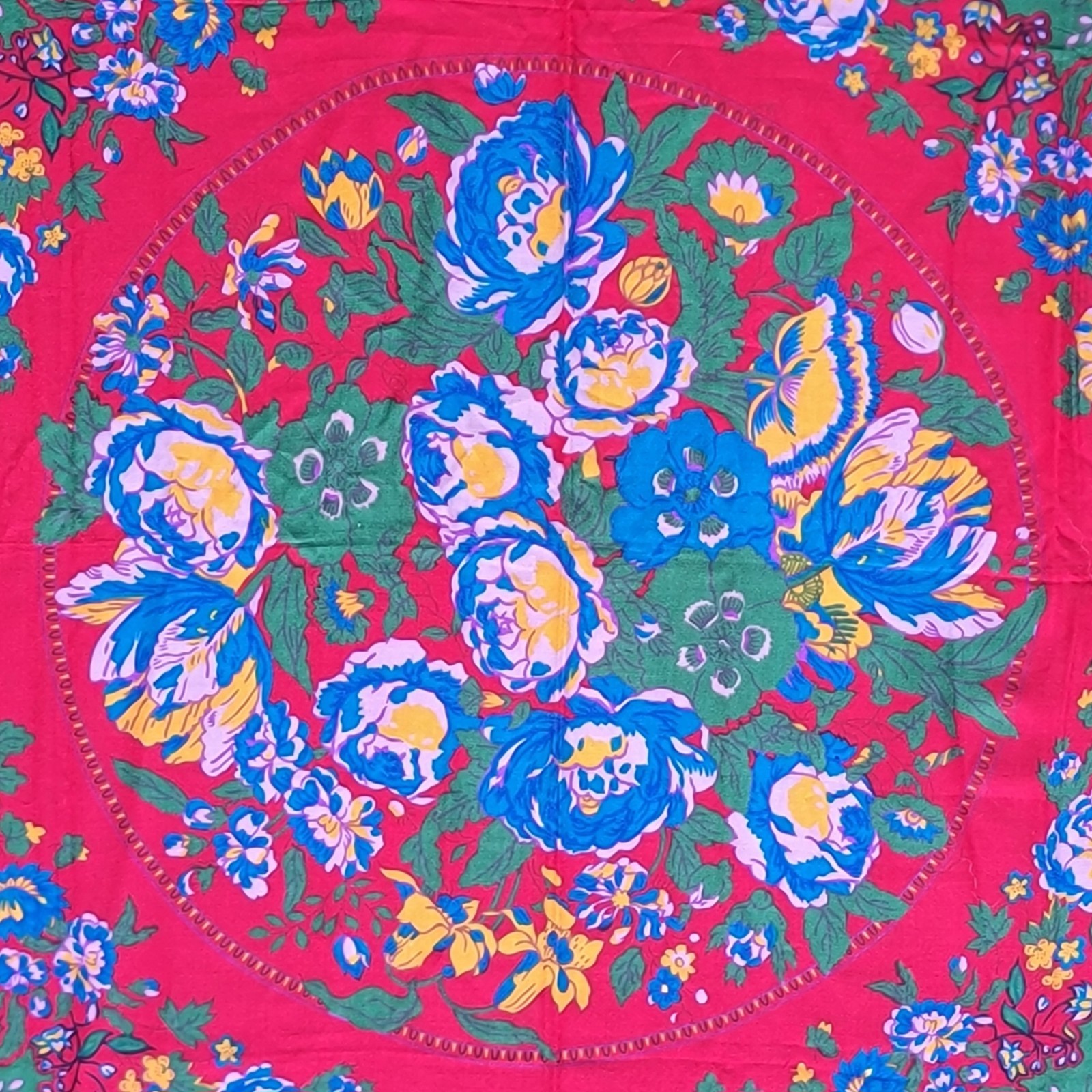 Vintage Square Woven Print Scarf Floral Red Blue Yellow Pink Fringe Japan 48”