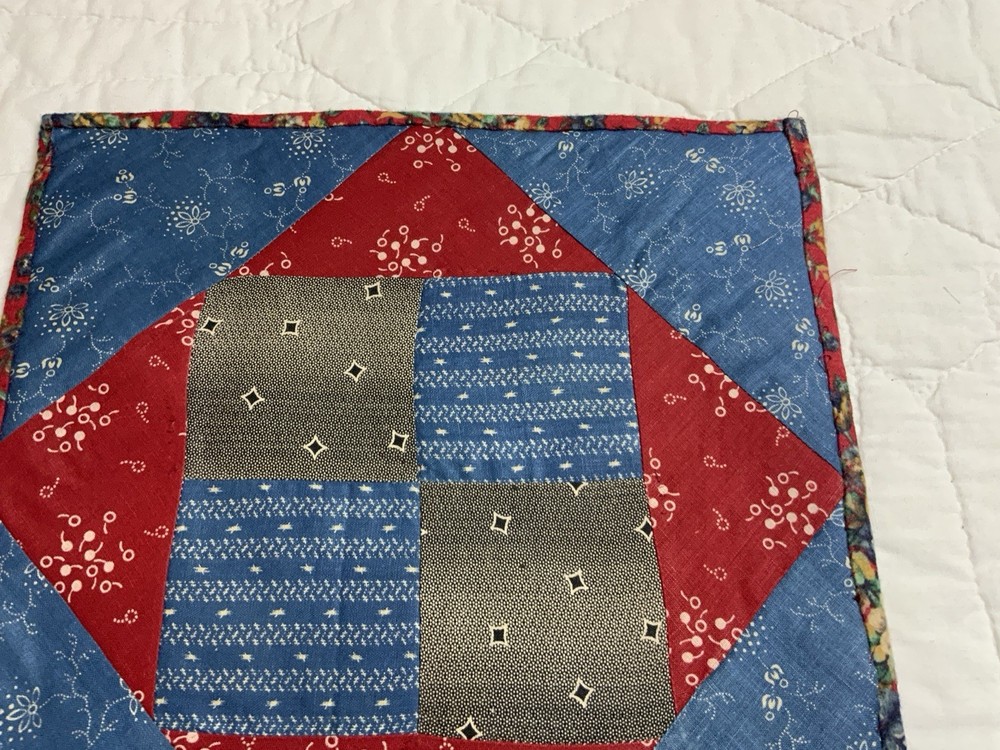 Antique Patchwork Quilt Table Topper, Four Patch W/ Triangles, Early Calicos