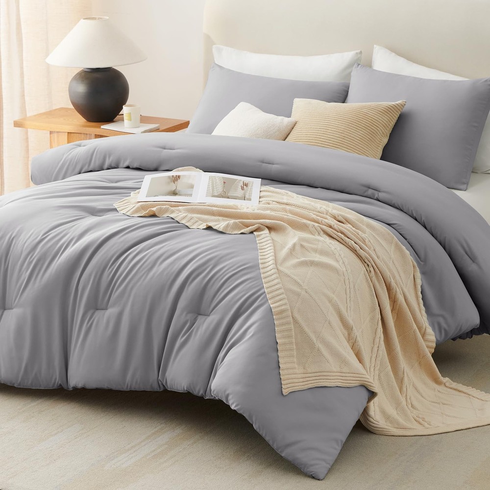 CozyLux Queen Comforter Set Grey, 3 Pieces Solid Comforters Queen, Grey