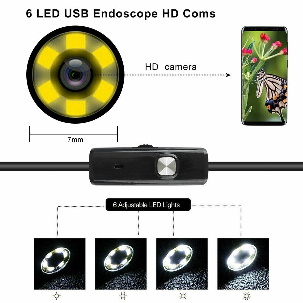 2M Endoscope 7mm Borescope Snake Camera Scope Inspection USB For Android PC