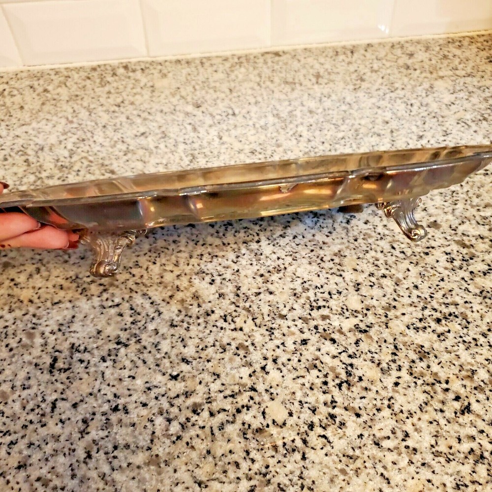 Vintage Ornate Silverplate Serving Tea Tray Footed Scalloped Oval 14" Silver