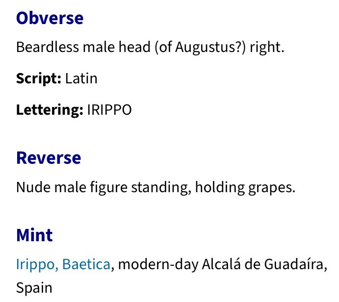 Roman Province of Baetica 42BC-1BC Coin Augustus Male Figure Holding Grapes Rare