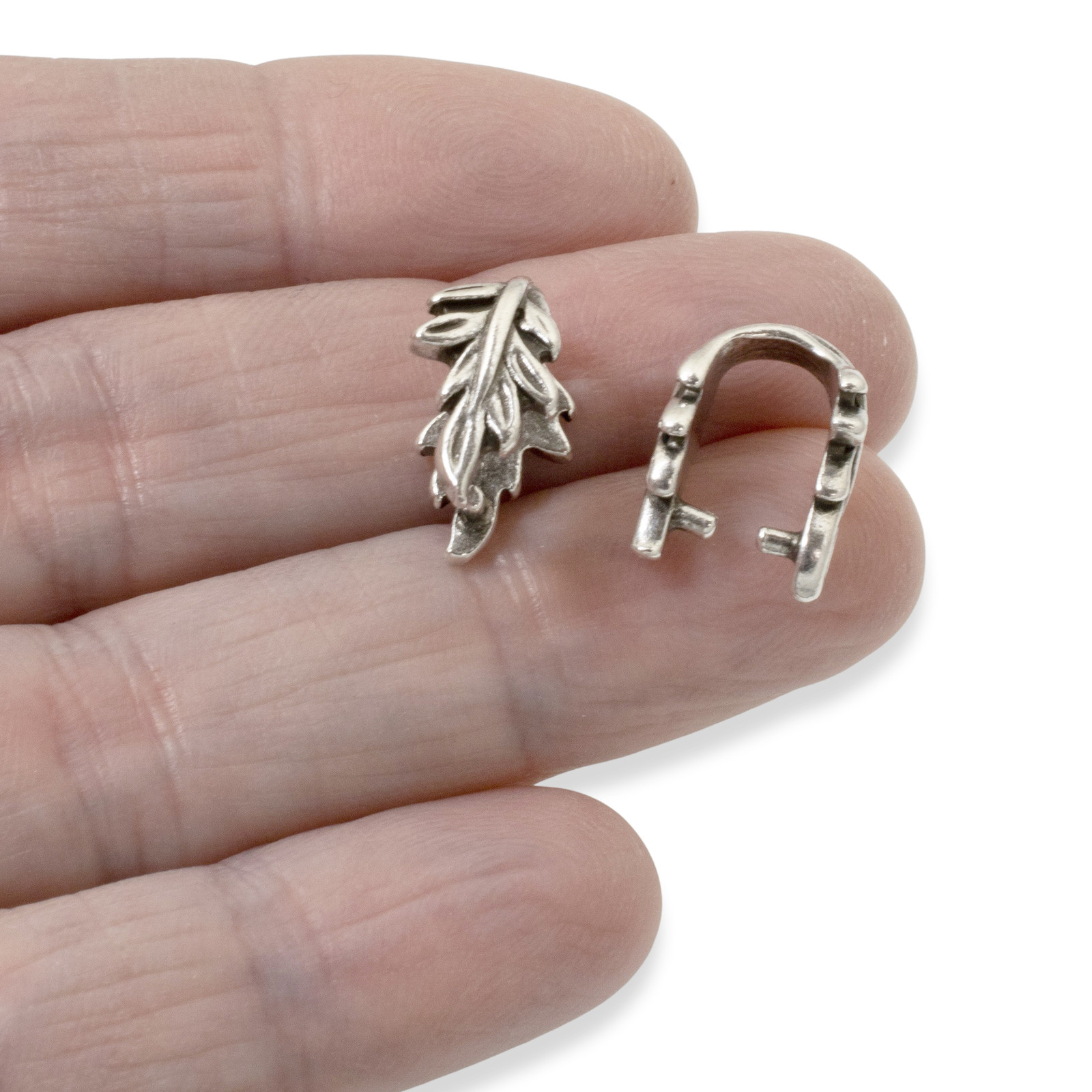 4 Silver Leaf Pendant Pinch Bails - Elegant Botanical Design for Jewelry Making