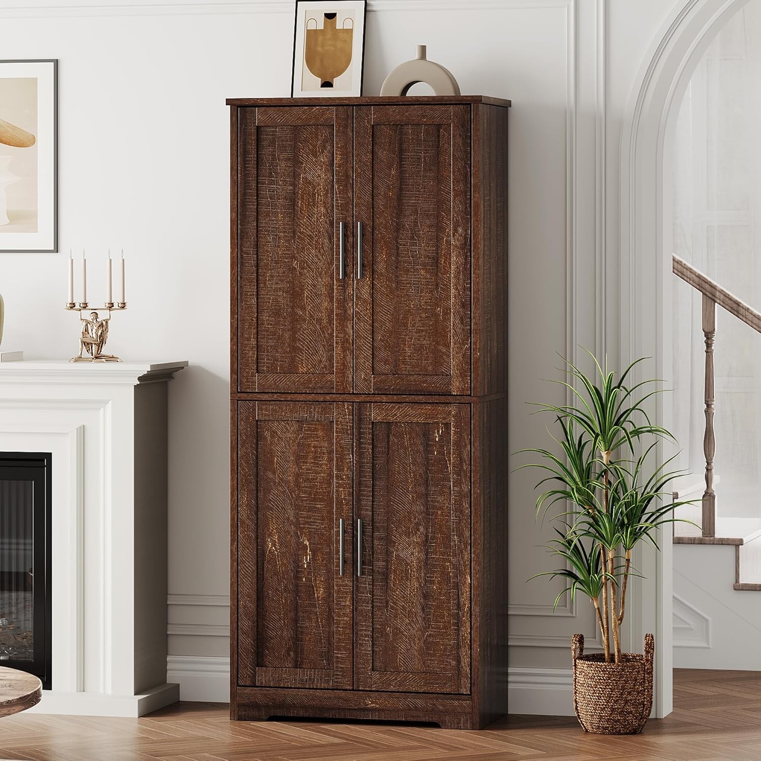 70" Kitchen Pantry Cabinet w 4 Doors, Freestanding Storage w Adjustable Shelves