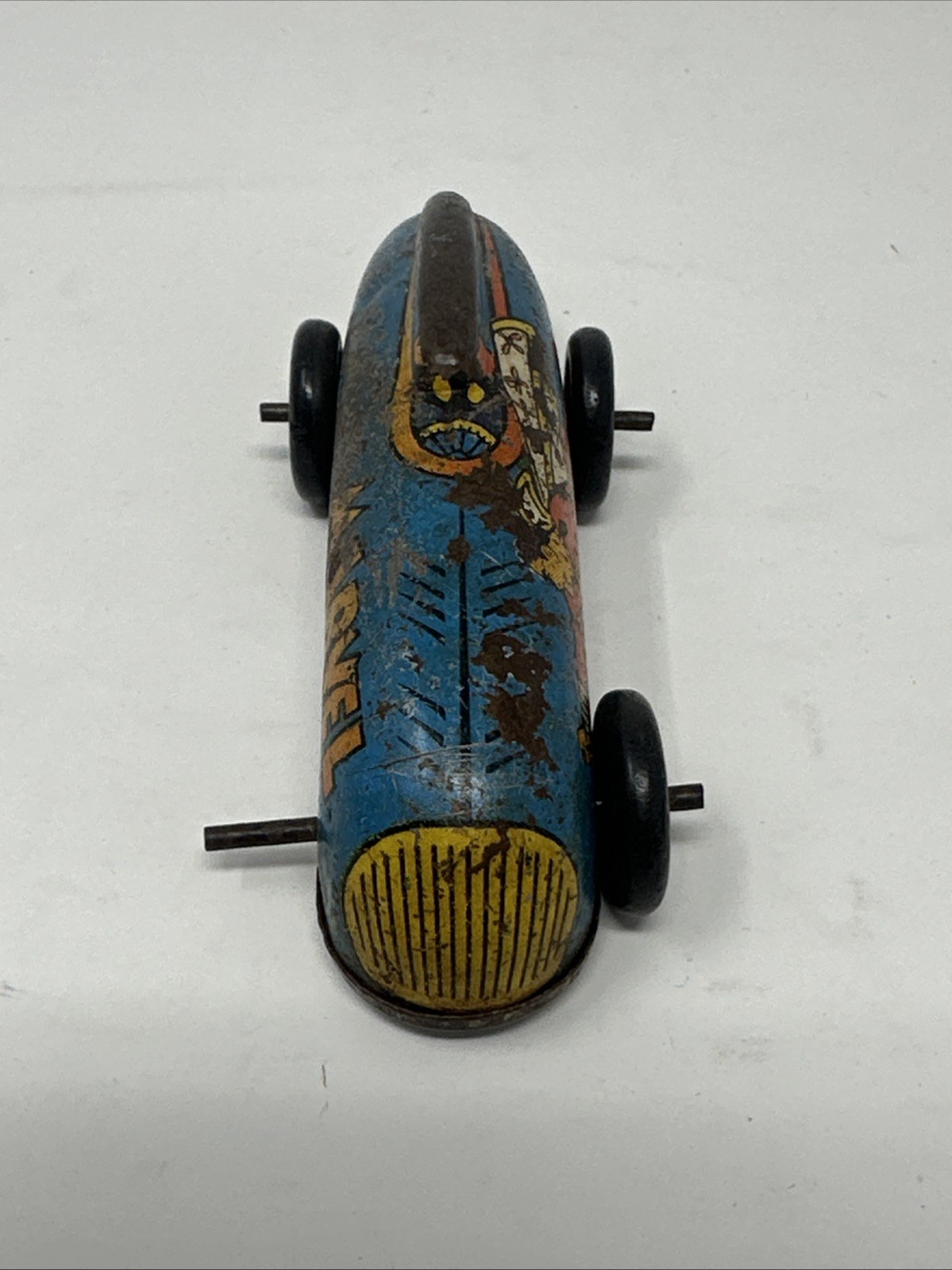 1947 Fawcett Comics Publications Captain Marvel Tin Wind-Up Racer-Blue #4-TLC