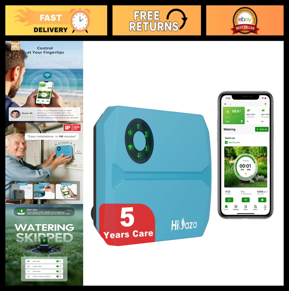 WiFi Smart Sprinkler Controller, App-Enabled Irrigation System, 4 Zones, 16 Plan