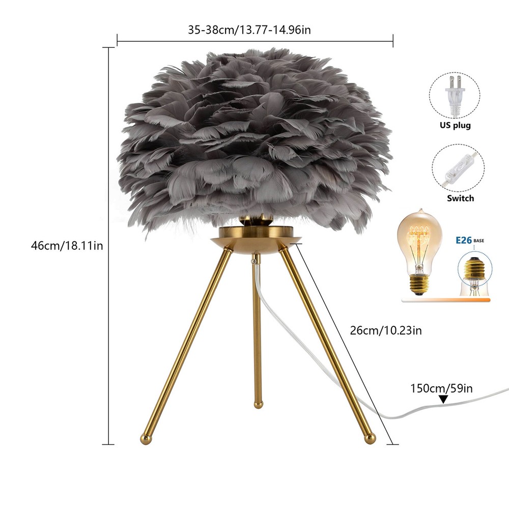 Gray Feather Table Lamp Tripod Lamp, Feather Lamp, Table Light Hand Control
