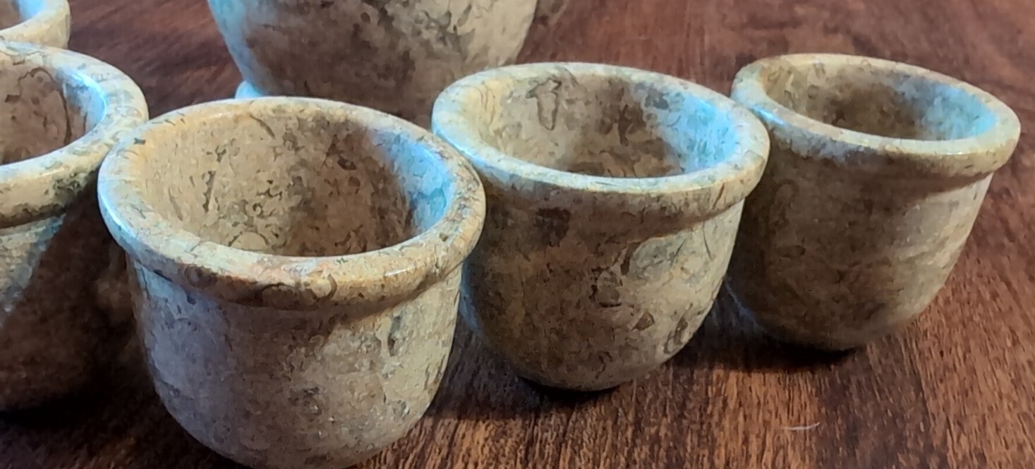 Vtg Marble Stone Tea Set: Pot + Six Cups Gray Brown Marble Patchwork