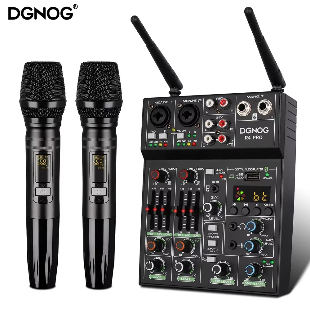 4 Channel Audio Mixer with Wireless Microphone USB Sound Table Bluetooth Console