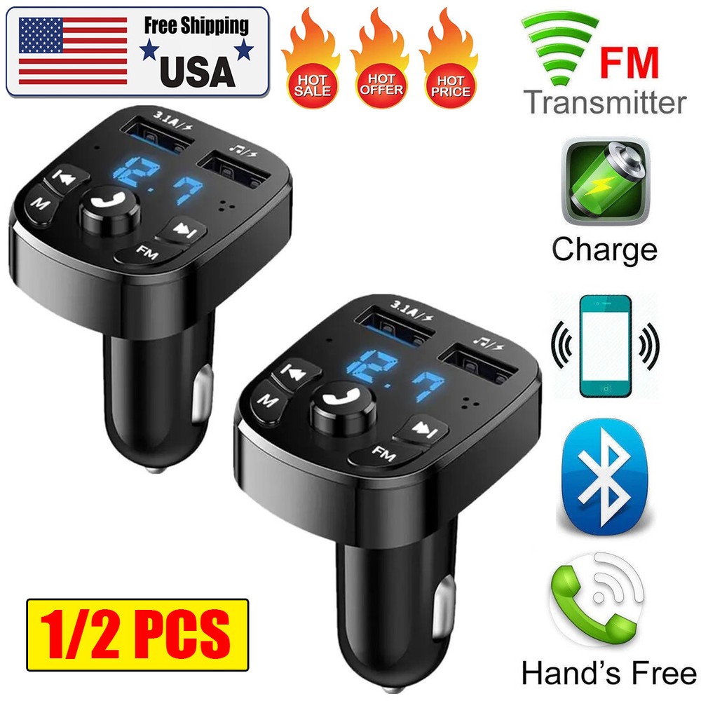 2x Bluetooth FM Transmitter Car Adapter and Car Charger Support Hands-free Call