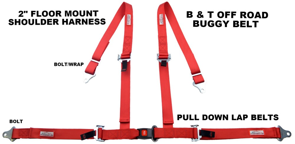 RED 4 POINT SEAT BELT 2" HARNESS, PULL DOWN LAP BELTS FLOOR MOUNT PUSH BUTTON