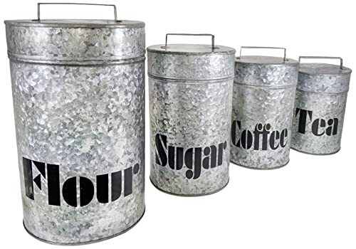 4 Set Galvanized Metal Kitchen Storage Canisters w\ Lids-Labeled w\ diff labels