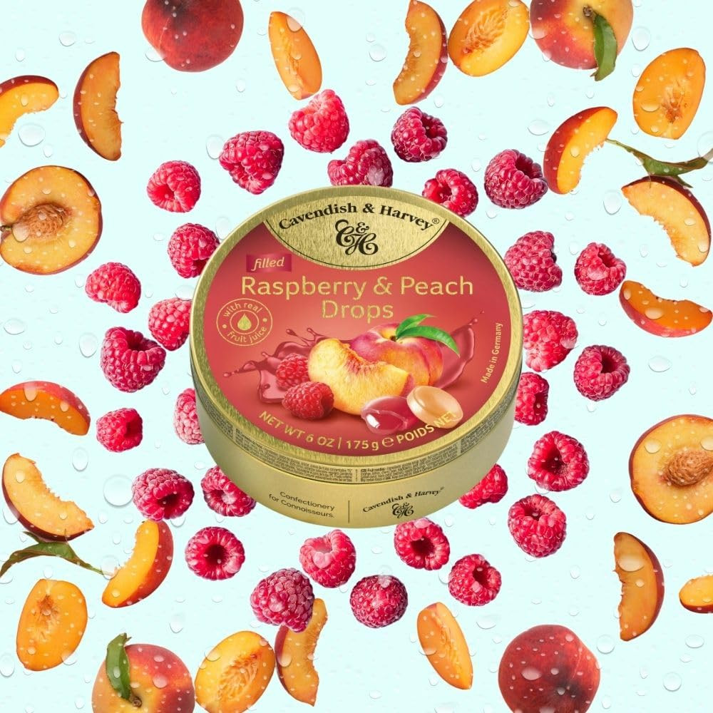 | Raspberry & Peach Filled Hard Candy Drops | 6 Ounce Tin