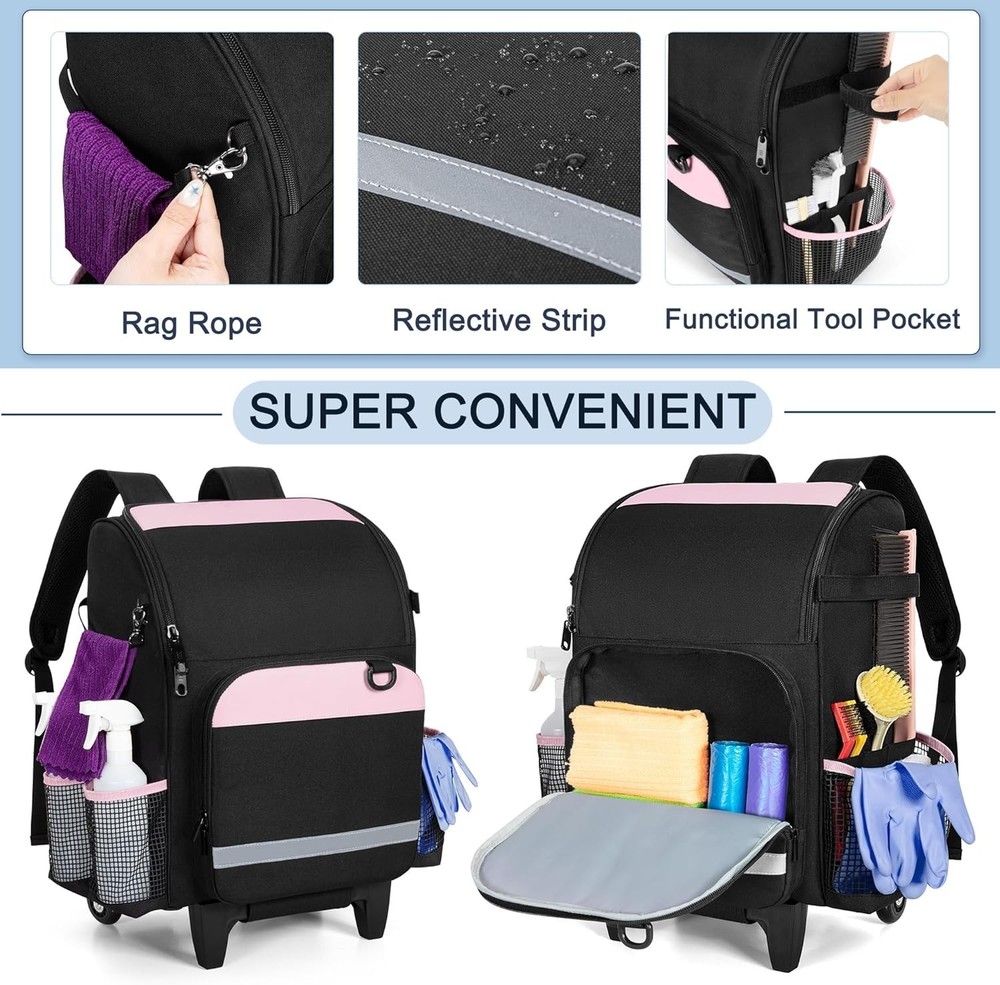 Pink Rolling Cleaning Backpack with Detachable Trolley - Efficient Organization