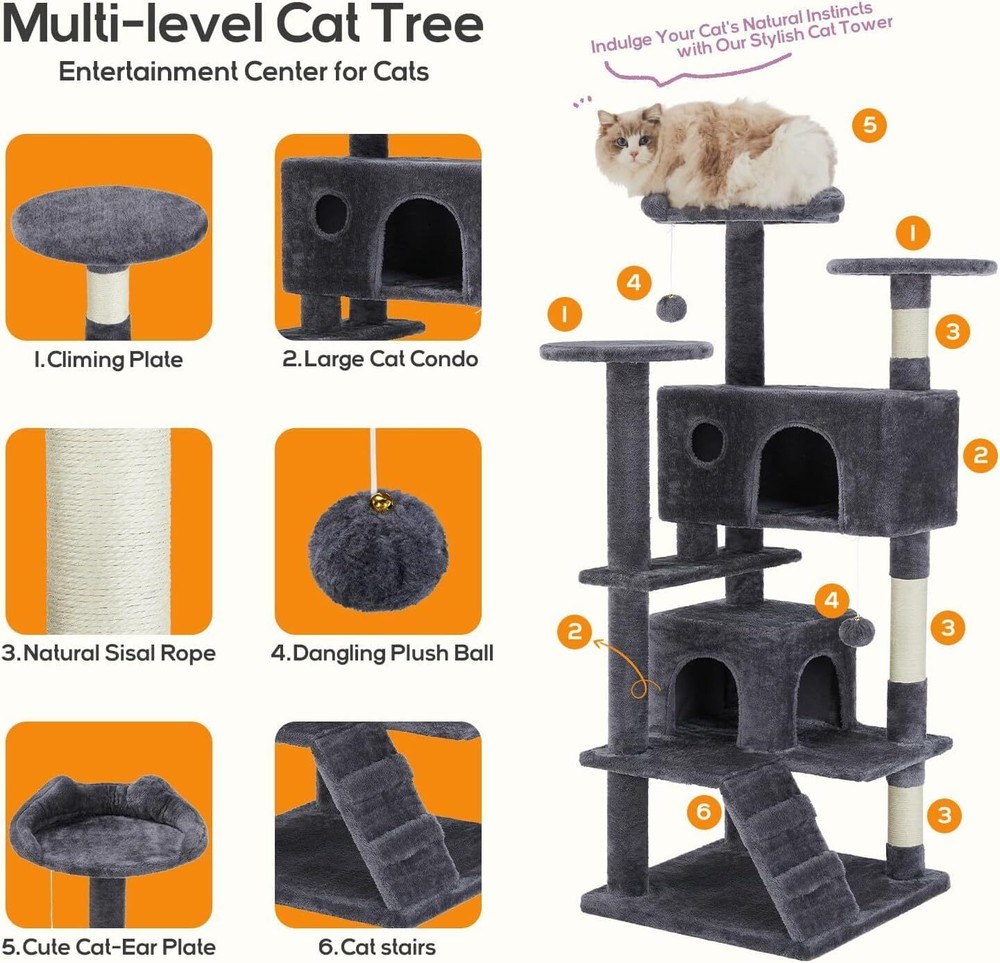 Gray Multi-Level Indoor Cat Tree Tower - 54" Activity Climbing House