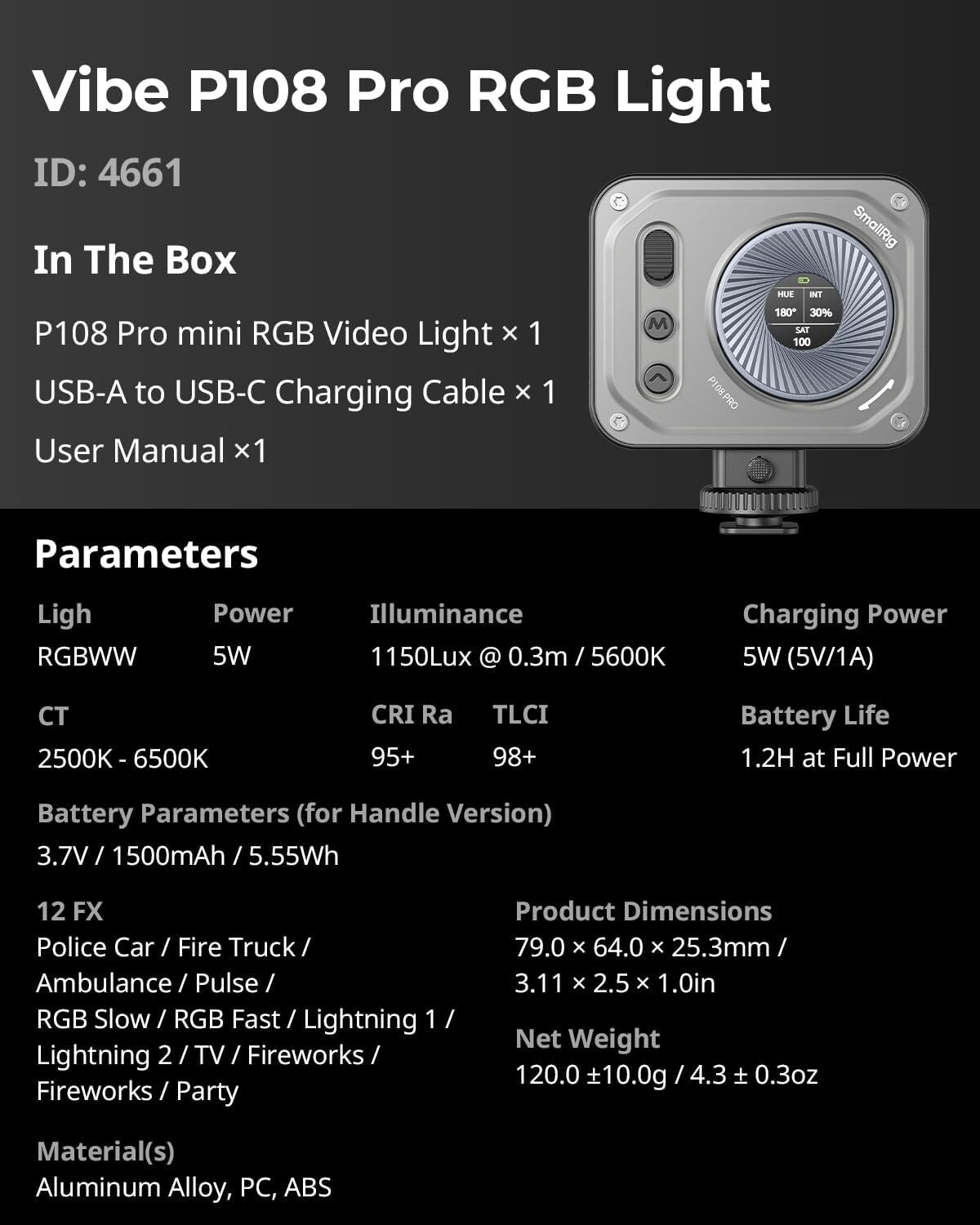 SmallRig Vibe P108 Pro RGB Video Light,Portable Led Camera Light for Photography