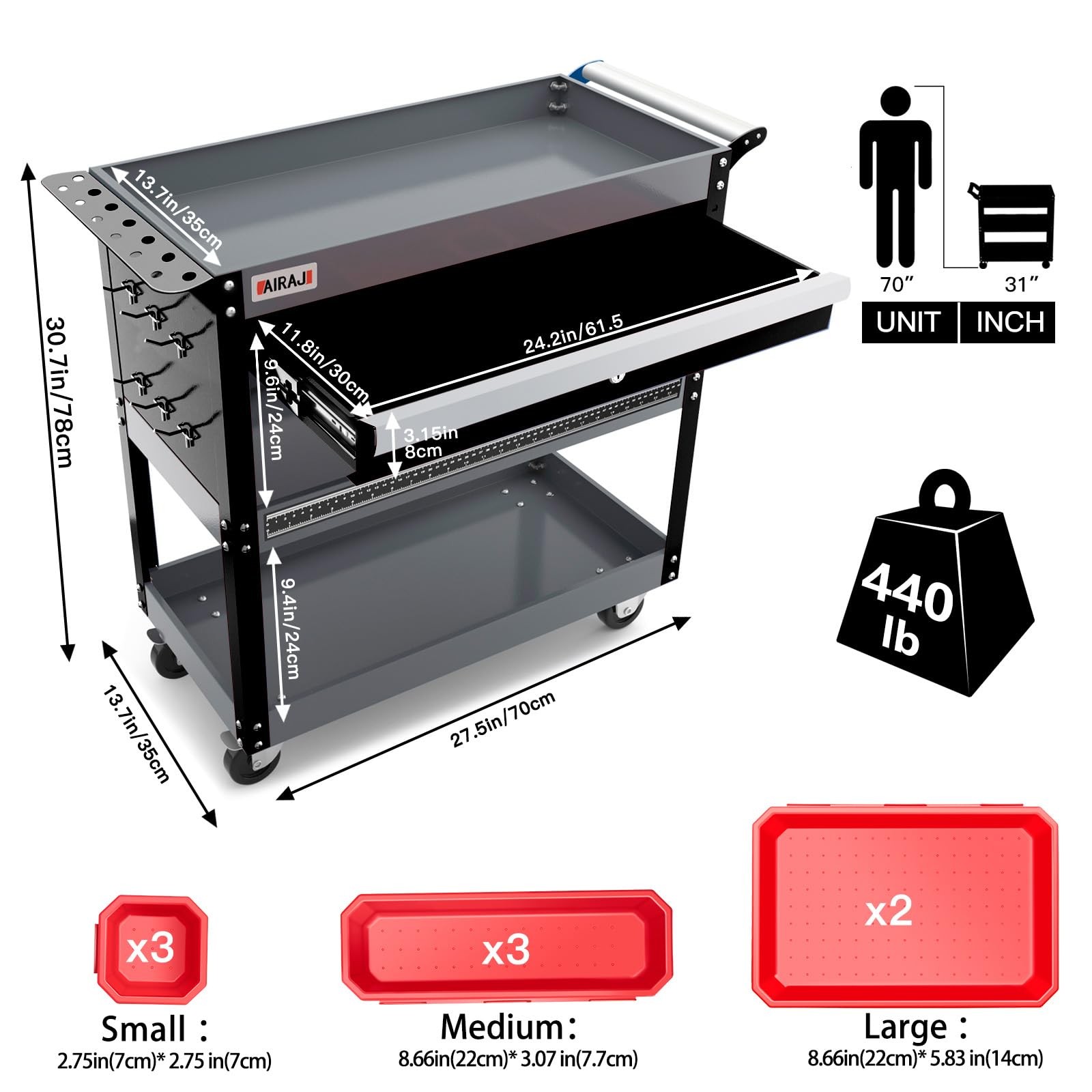 Tool Cart,27.5" 3 Tier Tool Cart on Wheels,Utility Industrial Service Cart