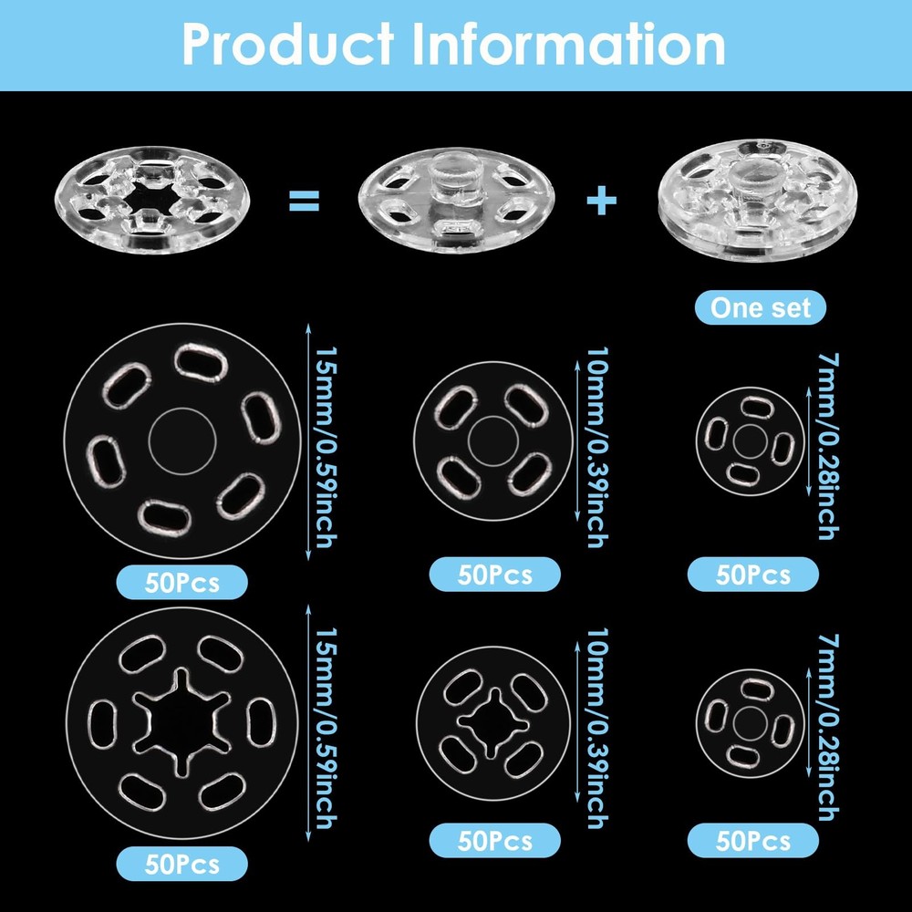 150 Sets Plastic Sew-on 7 millimeters, 10 15 Clear