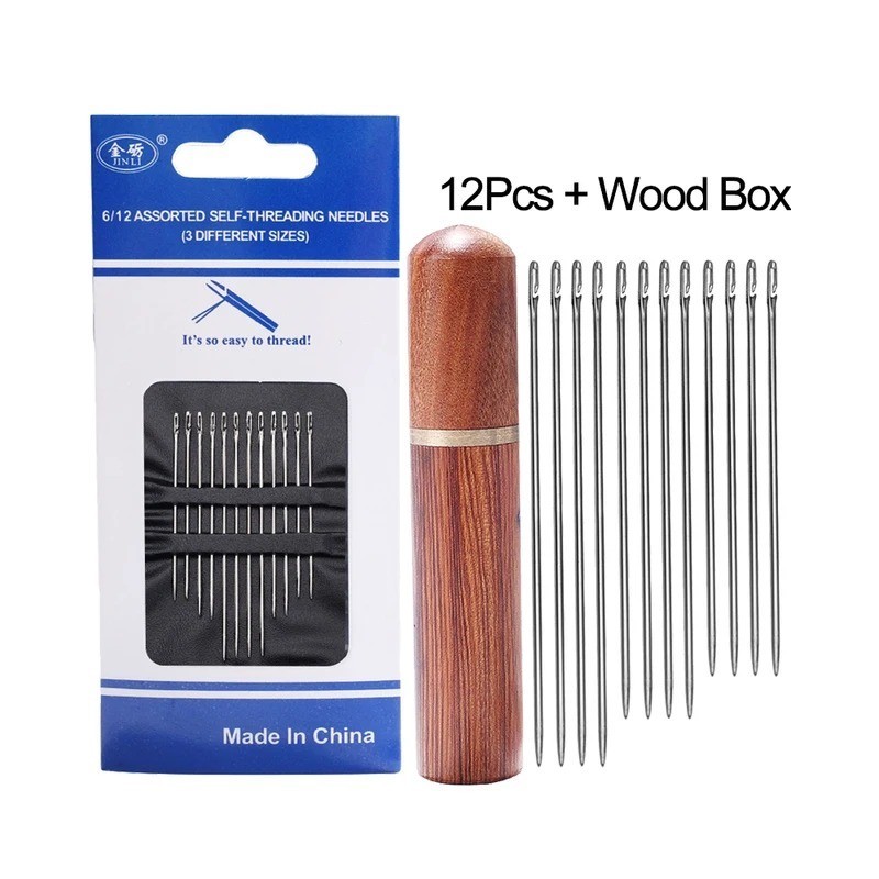 12pc Hand Sewing Needles Stainless Steel Self-Threading Silver Multi Size