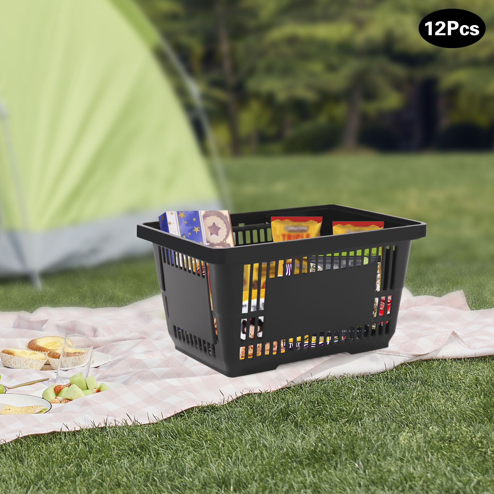 12 PCS Black Plastic Shopping Basket for Market Grocery Retail Store + Handles