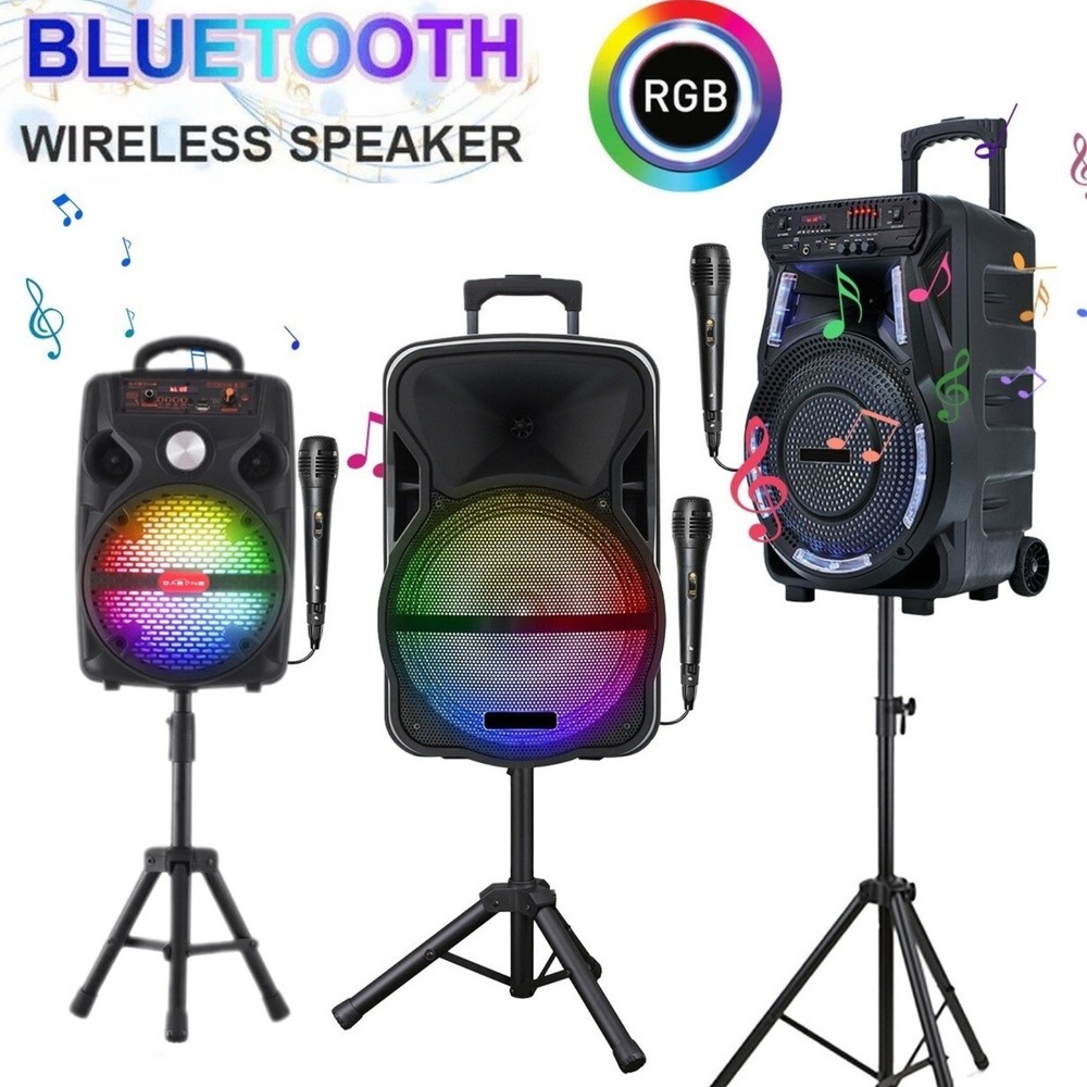 Portable Bluetooth Trolley Speaker w/ Stand Mic 15" 12" 8" Sound System Tripod