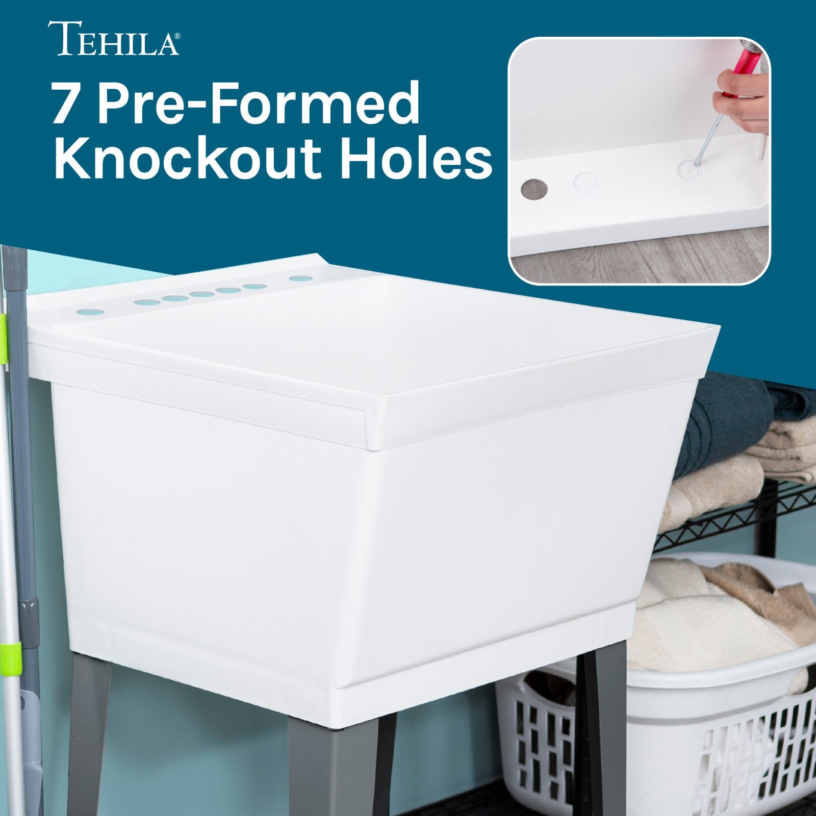 Utility Laundry Sink with Chrome Finish Dual Handle Faucet 19 Gallon - White