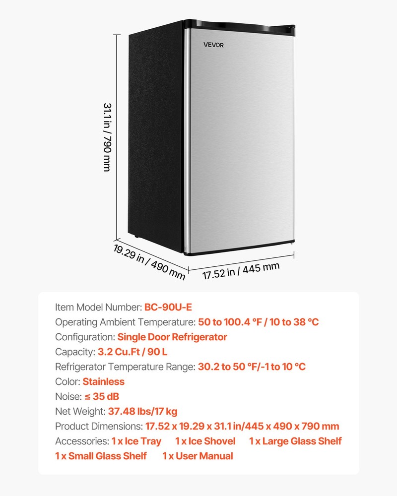 VEVOR Mini Fridge 3.2 Cu.Ft Single Door Compact Small Refrigerator Stainless