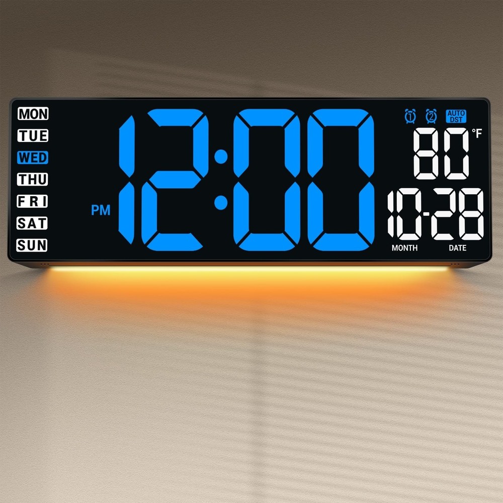 16.5" Large Digital Wall Clock with Remote Control, Auto-Dimming LED Display ...