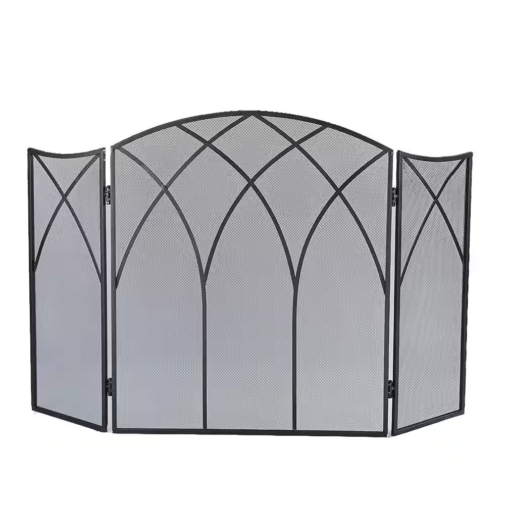 Gothic Black Steel 3-Panel Fireplace Screen