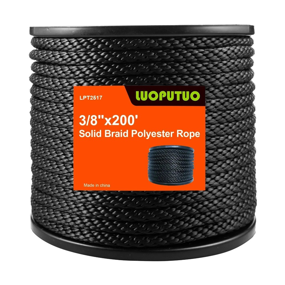 3/8'' 200' Black Polyester Solid Braid Rope