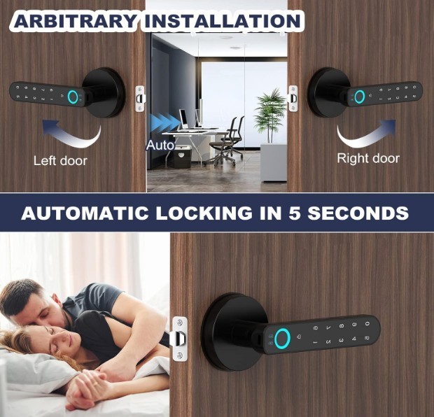 OFFTV Fingerprint Door Lock, Smart Door Handle, Biometric with Passcode, Black