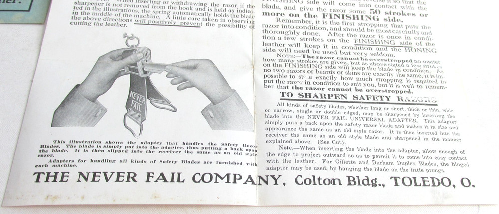 1890s CLAUSS NEVER FAIL RAZOR SHARPENER Toledo Ohio Paper work Instructions only