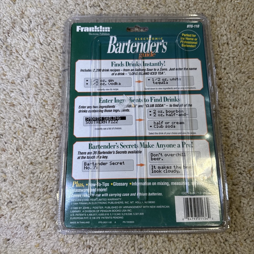 Franklin Electronic Handheld Bartender's Guide Model BTG-110 New