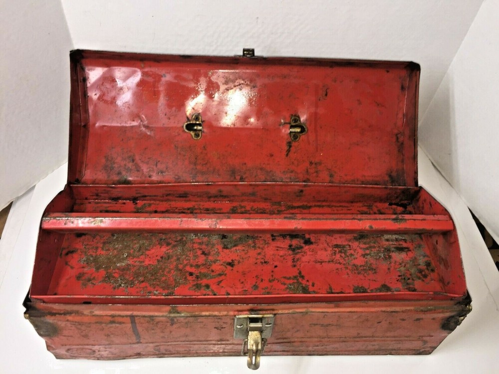 Vintage Toolbox Tool Box With Tray Solid Red FULLY FUNCTIONAL Extra Storage Auto