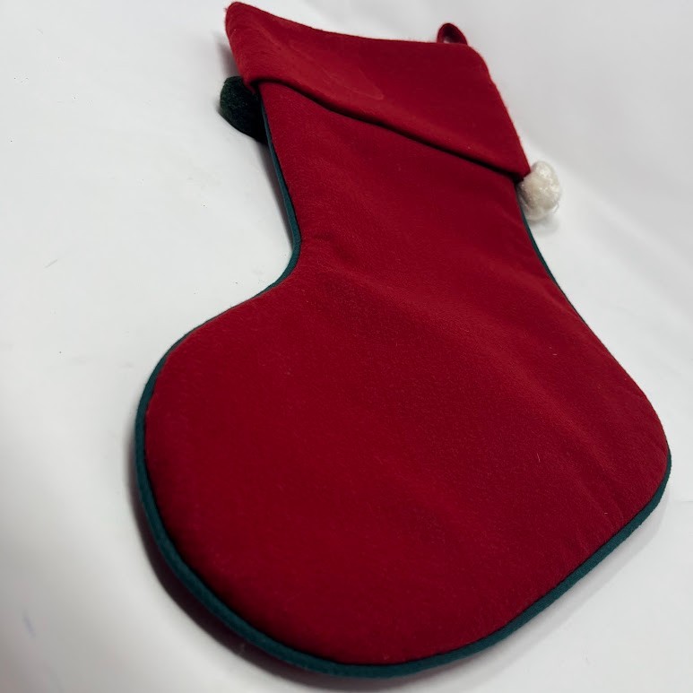 Vintage Red Christmas Stocking Santa Applique Felt Pom Pom Trim Holiday Decor